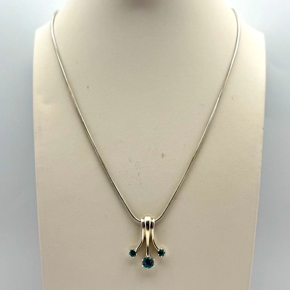 Sterling Silver Genuine Blue Topaz Triple Drop Pendant Snake Chain